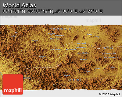 Physical 3D Map of the Area around 36° 19' 55" N, 45° 58' 30" E