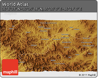 Physical 3D Map of the Area around 36° 19' 55" N, 45° 58' 30" E
