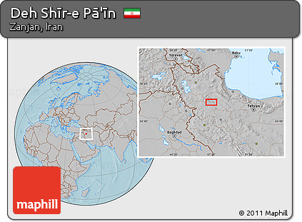 Gray Location Map of Deh Shīr-e Pā'īn, hill shading