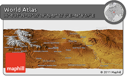 Physical Panoramic Map of the Area around 36° 19' 55" N, 47° 40' 29" E
