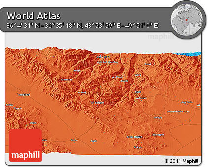 Political 3D Map of the Area around 36° 19' 55" N, 49° 22' 30" E