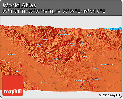 Political 3D Map of the Area around 36° 19' 55" N, 49° 22' 30" E
