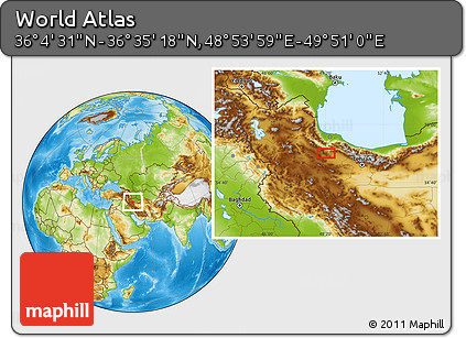 Physical Location Map of the Area around 36° 19' 55" N, 49° 22' 30" E
