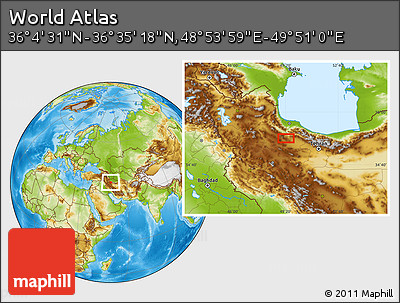 Physical Location Map of the Area around 36° 19' 55" N, 49° 22' 30" E