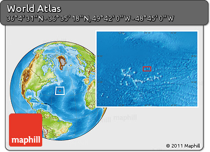 Physical Location Map of the Area around 36° 19' 55" N, 49° 13' 30" W