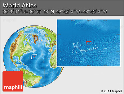 Physical Location Map of the Area around 36° 19' 55" N, 49° 13' 30" W