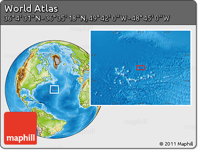 Physical Location Map of the Area around 36° 19' 55" N, 49° 13' 30" W