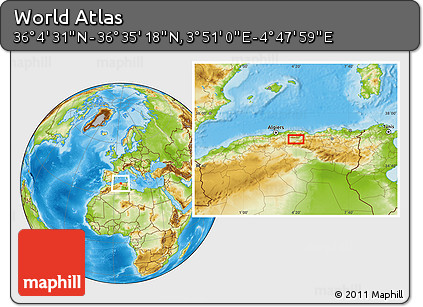 Physical Location Map of the Area around 36° 19' 55" N, 4° 19' 30" E