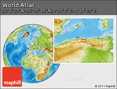Physical Location Map of the Area around 36° 19' 55" N, 4° 19' 30" E