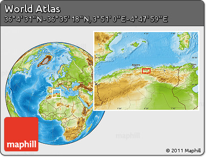 Physical Location Map of the Area around 36° 19' 55" N, 4° 19' 30" E