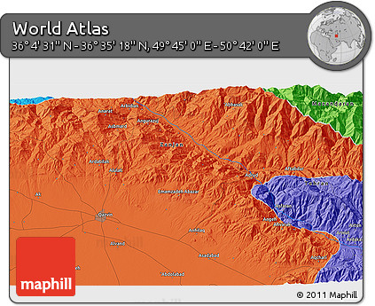 Political 3D Map of the Area around 36° 19' 55" N, 50° 13' 30" E