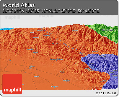 Political 3D Map of the Area around 36° 19' 55" N, 50° 13' 30" E