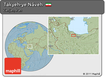 Savanna Style Location Map of Takyeh-ye Nāveh, hill shading