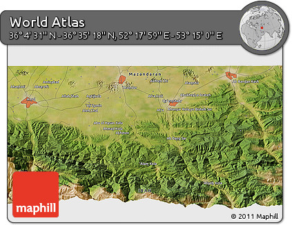 Satellite 3D Map of the Area around 36° 19' 55" N, 52° 46' 29" E