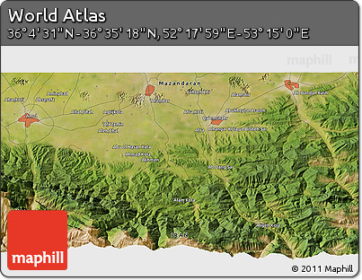 Satellite 3D Map of the Area around 36° 19' 55" N, 52° 46' 29" E