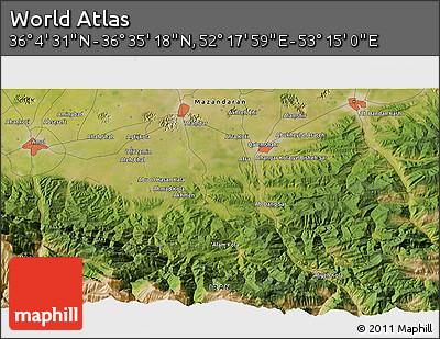 Satellite 3D Map of the Area around 36° 19' 55" N, 52° 46' 29" E