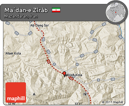 Shaded Relief Map of Ma`dan-e Zīrāb