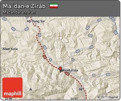 Shaded Relief Map of Ma`dan-e Zīrāb