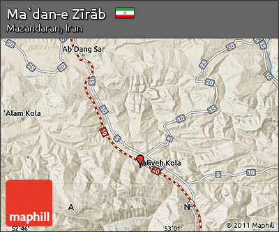 Shaded Relief Map of Ma`dan-e Zīrāb