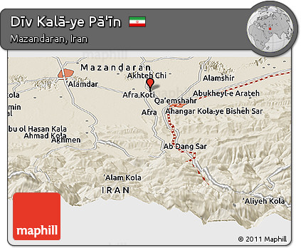 Shaded Relief Panoramic Map of Dīv Kalā-ye Pā'īn