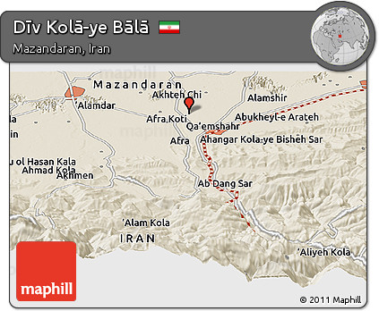 Shaded Relief Panoramic Map of Dīv Kolā-ye Bālā