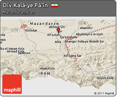 Shaded Relief Panoramic Map of Dīv Kalā-ye Pā'īn
