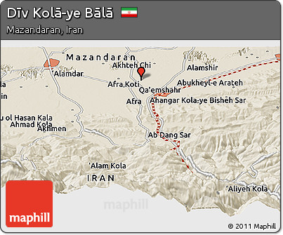 Shaded Relief Panoramic Map of Dīv Kolā-ye Bālā