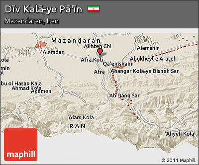 Shaded Relief Panoramic Map of Dīv Kalā-ye Pā'īn