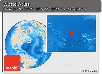 Shaded Relief Location Map of the Area around 36° 19' 55" N, 55° 10' 29" W