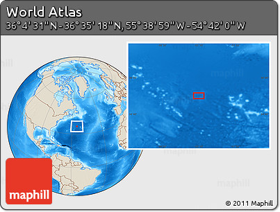 Shaded Relief Location Map of the Area around 36° 19' 55" N, 55° 10' 29" W