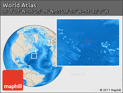 Shaded Relief Location Map of the Area around 36° 19' 55" N, 55° 10' 29" W
