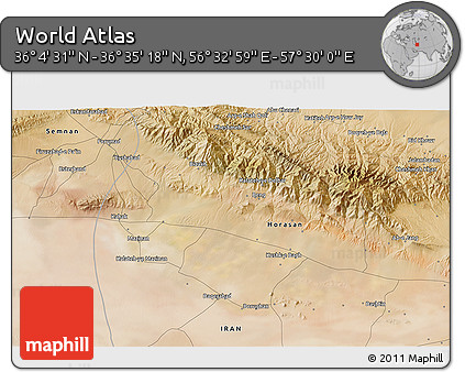 Satellite 3D Map of the Area around 36° 19' 55" N, 57° 1' 29" E