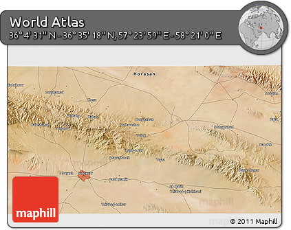Satellite 3D Map of the Area around 36° 19' 55" N, 57° 52' 30" E