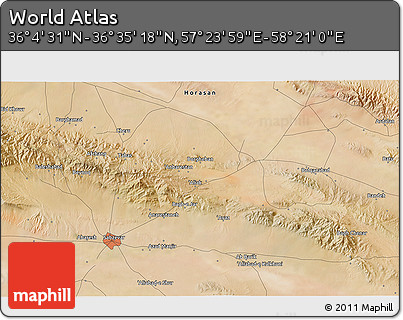 Satellite 3D Map of the Area around 36° 19' 55" N, 57° 52' 30" E