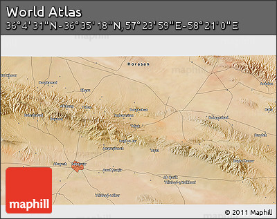 Satellite 3D Map of the Area around 36° 19' 55" N, 57° 52' 30" E