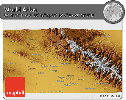 Physical 3D Map of the Area around 36° 19' 55" N, 58° 43' 30" E