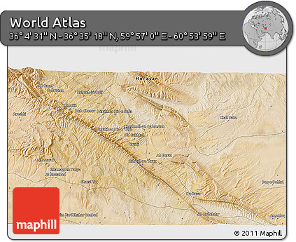 Satellite 3D Map of the Area around 36° 19' 55" N, 60° 25' 29" E