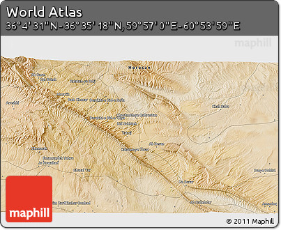 Satellite 3D Map of the Area around 36° 19' 55" N, 60° 25' 29" E