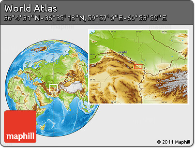 Physical Location Map of the Area around 36° 19' 55" N, 60° 25' 29" E