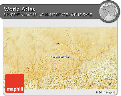 Physical 3D Map of the Area around 36° 19' 55" N, 63° 49' 30" E