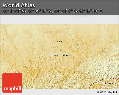 Physical 3D Map of the Area around 36° 19' 55" N, 63° 49' 30" E