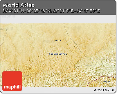 Physical 3D Map of the Area around 36° 19' 55" N, 63° 49' 30" E