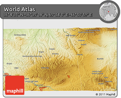 Physical 3D Map of the Area around 36° 19' 55" N, 66° 22' 30" E