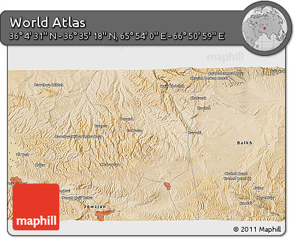 Satellite 3D Map of the Area around 36° 19' 55" N, 66° 22' 30" E