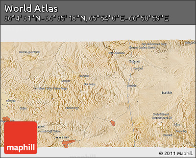Satellite 3D Map of the Area around 36° 19' 55" N, 66° 22' 30" E