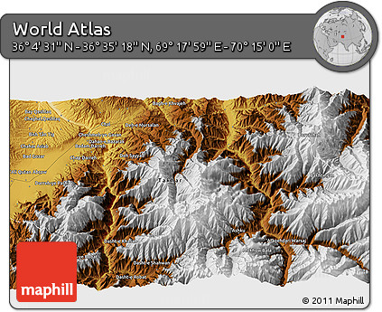 Physical 3D Map of the Area around 36° 19' 55" N, 69° 46' 30" E