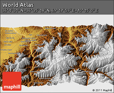 Physical 3D Map of the Area around 36° 19' 55" N, 69° 46' 30" E