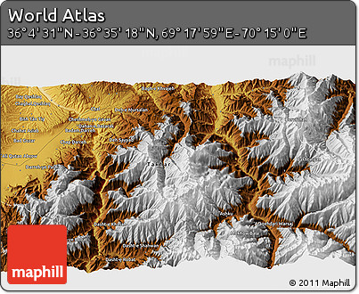 Physical 3D Map of the Area around 36° 19' 55" N, 69° 46' 30" E