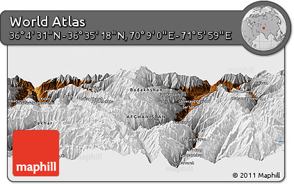 Physical Panoramic Map of the Area around 36° 19' 55" N, 70° 37' 30" E