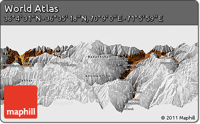 Physical Panoramic Map of the Area around 36° 19' 55" N, 70° 37' 30" E